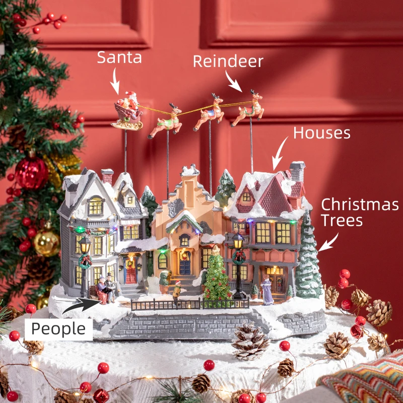 HOMCOM Świąteczne Miasteczko Dekoracja Świąteczna z LED Scenografia Zimowa Miasteczko z Ruchomym Świętym Mikołajem i Reniferami 38,5 x 20,5 x 33 cm