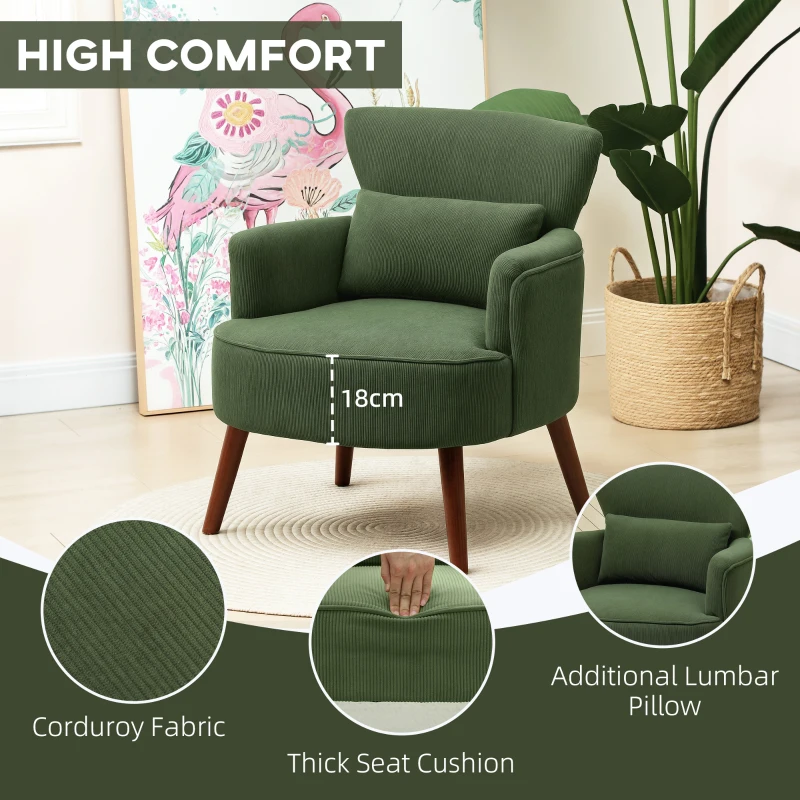 HOMCOM Modern Armchair, Upholstered Accent Chair with Thick Padded Seat, Lumbar Pillow, Rubber Wood Legs, Cuddle Chair for Living Room Bedroom Office, Green