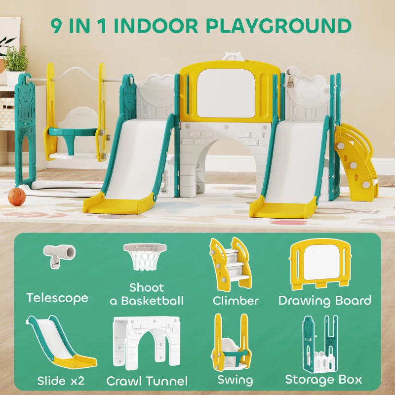 AIYAPLAY 9 in 1 Toddler Slide and Swing Set with Basketball Hoop, Outdoor & Indoor Playset with Double Slides, Climbing Frame, Telescope, Drawing Board, Storage Box for Toddlers Ages 1-3, Yellow