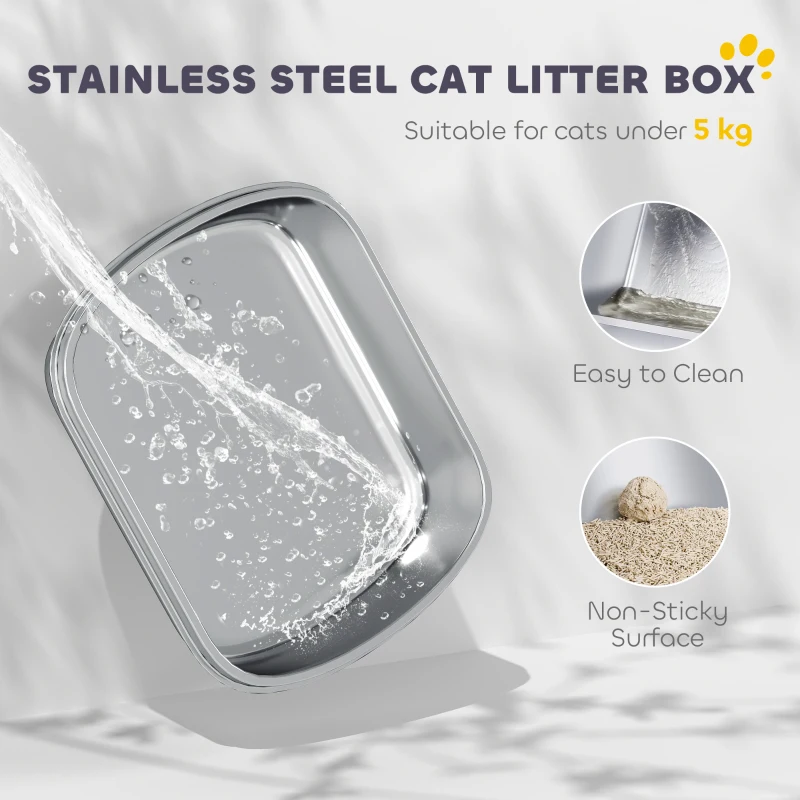 PawHut Stainless Steel Litter Box with Lid, Large Hooded Cat Litter Tray with Front-Entry and Top-Exit, Scoop, Deodoriser Bag, Non-Sticky, Odour Control and Easy Clean, White
