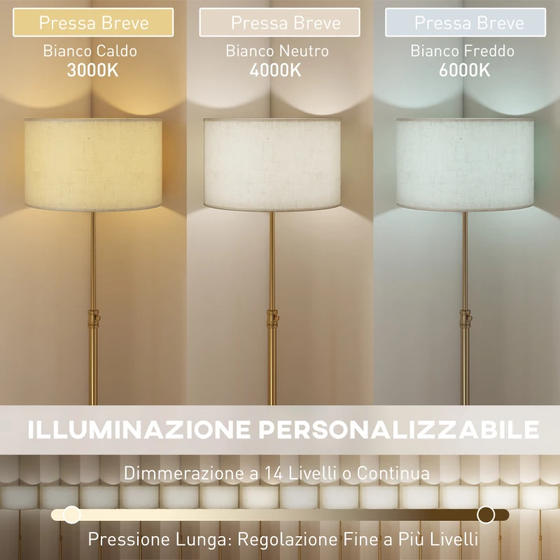 HOMCOM Lampada da Terra con Telecomando e Luminosità Regolabile 3000K-6000K, Paralume in Tessuto, Oro