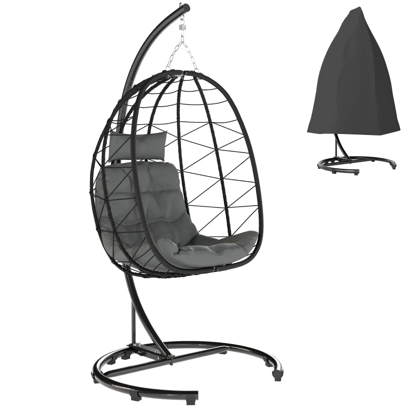 Outsunny Fotel wiszący z wikliny, fotel wiszący o wysokości 195 cm, kosz huśtawki do użytku wewnątrz i na zewnątrz, w zestawie stelaż, poduszka, wodoodporna pokrywa, do 150 kg, kolor ciemnoszary