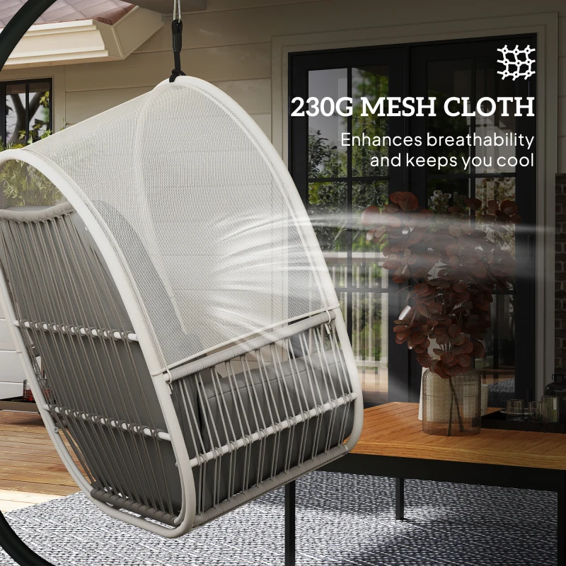 Outsunny Hanging Egg Chair Outdoor Indoor, Swing Hammock Chair with Stand, Cushions, Lumbar Pillow, Adjustable Height and Steel Frame for Garden Patio Lounge Porch, Light Grey