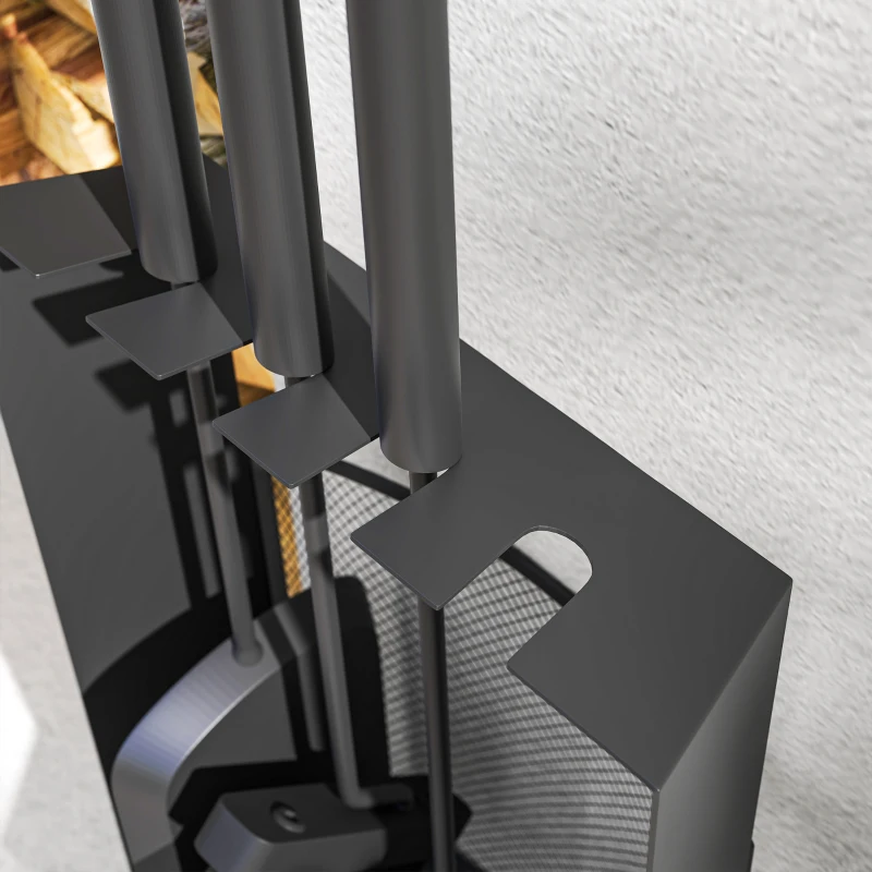 Zestaw narzędzi kominkowych Outsunny 5-częściowy, akcesoria kominkowe z miotłą, łopatką, pogrzebaczem, szczypcami i stojakiem, zestaw kominkowy, metal, czarny