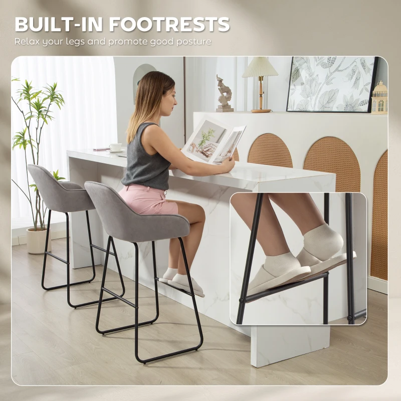 HOMCOM Bar Stools Set of 2, Velvet Upholstered Breakfast Barstools with Footrest and Armrest, Kitchen High Stools with Metal Legs for Home Bar, Kitchen Islands, Grey