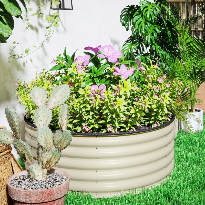 Wysokie łóżko ogrodowe ze stali, doniczka, kwiaty, warzywa