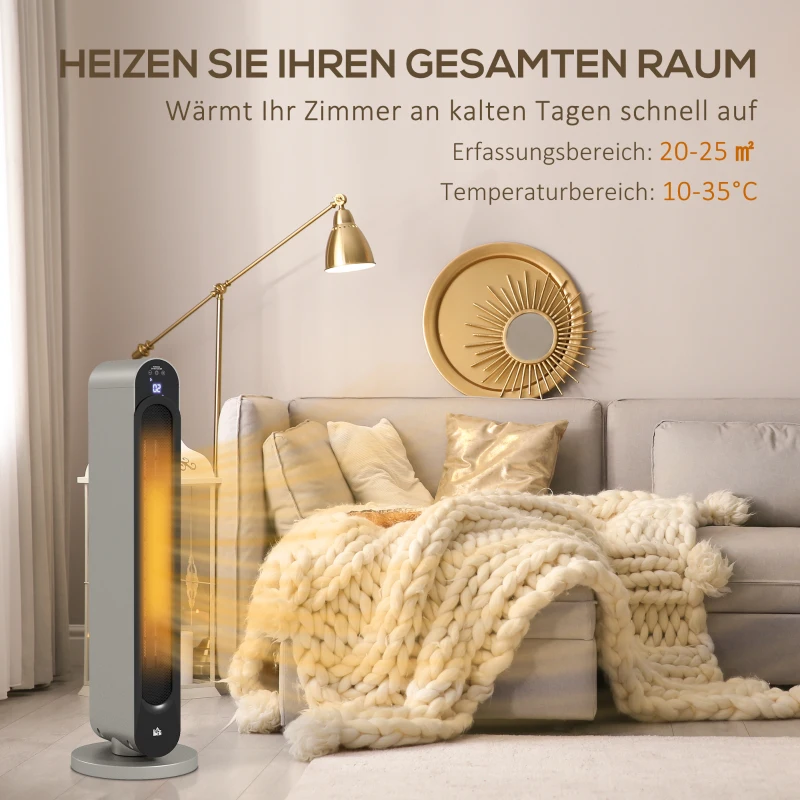 Grzejnik HOMCOM 2200W Ceramiczny Elektryczny z 3 Trybami, Pilotem, Timerem 12-godzinnym, Oscylacją i Wyświetlaczem LED, Srebrny 25 x 25 x 73,5 cm