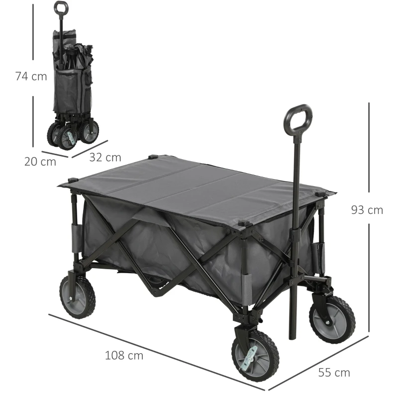 Outsunny handcart składany wózek transportowy, wózek z regulowanym uchwytem, wózek ogrodowy z bocznymi kieszeniami, wózek plażowy ze składaną deską, ładowność do 120 kg, ciemnoszary
