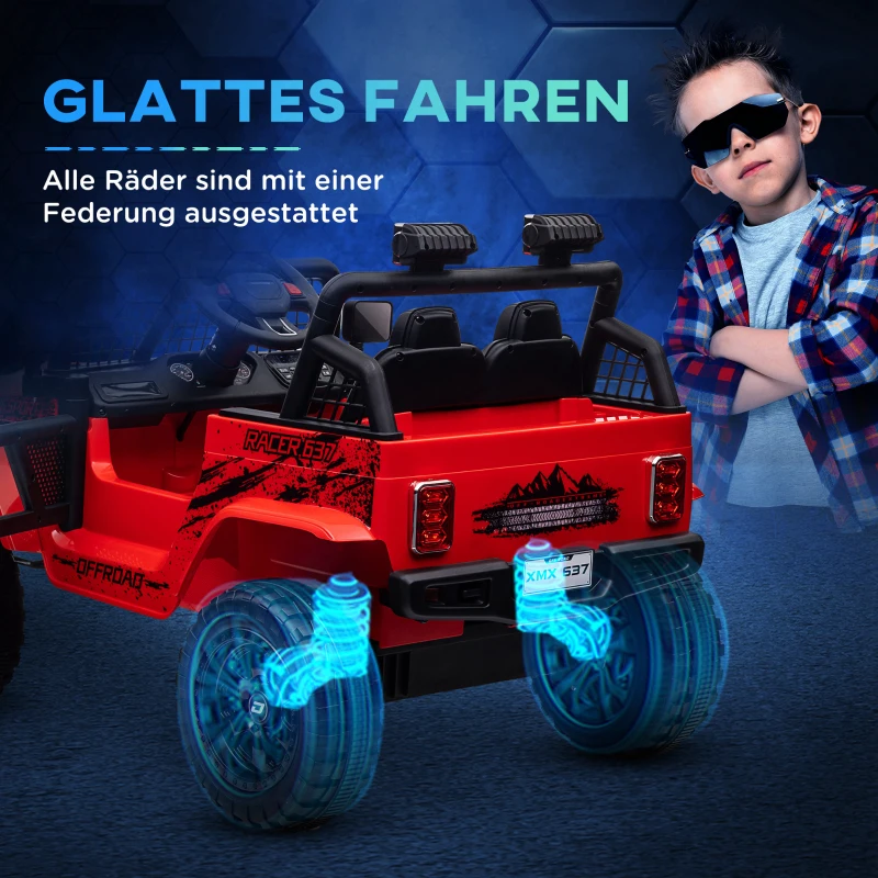 AIYAPLAY Kids Ride On Car, 12V Battery Powered Electric Truck with 4 Spring Suspension Wheels, Parental Remote Control, Music Horn LED Lights, for 3-6 Years Old - Red