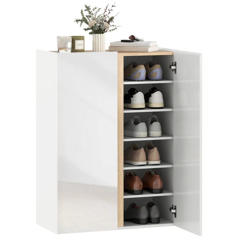 HOMCOM Shoe Cabinet with Quiet Safety Closure, 6-Tier Wooden Shoes Storage Cabinet with Handle-Free Design, 18 Pairs, for Entryway, Hallway, White High-Gloss Door and Wood Accent Top