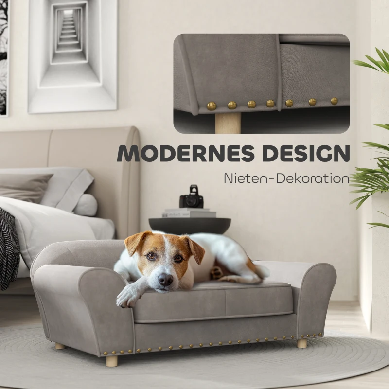 PawHut Elevated Dog Sofa with Rivet Decoration Pet Sofa with Soft Cushion, Removable Washable Cover, for Small Dogs up to 10kg, Grey