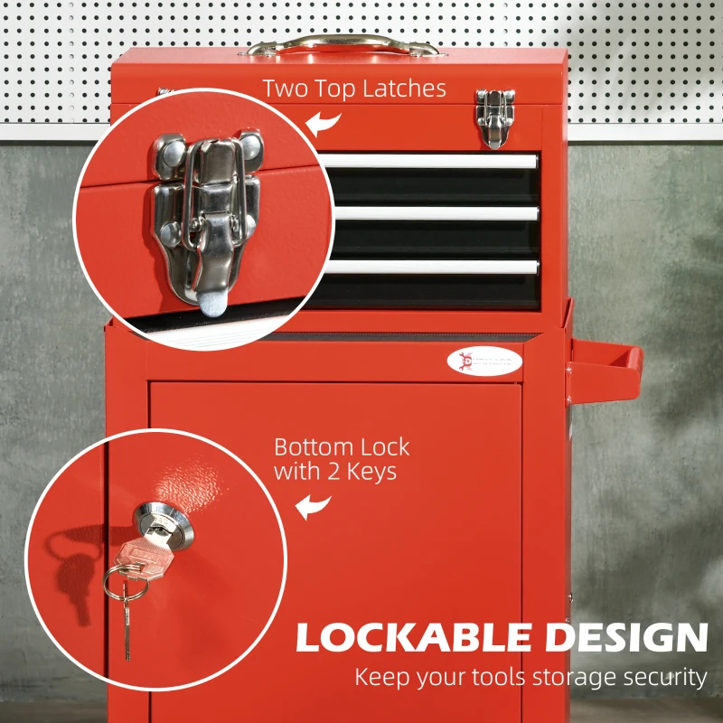 DURHAND 2 w 1 wózek warsztatowy z walizką, pusty wózek narzędziowy, wózek na narzędzia, zamykany kufer narzędziowy z uchwytem, stal, czerwony