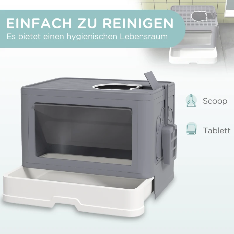 PawHut Kuweta dla Kota z Pokrywą Kuweta dla Kota z Łopatką, Kuweta dla Kotów do 4 kg, do Użytku Wewnętrznego, Plastik Szary 48,5 x 38 x 36,5 cm