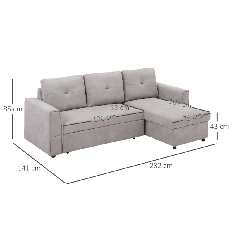 HOMCOM Sofa trzyosobowa z funkcją spania, sofa z chaiselongue, tapicerowana sofa, szara