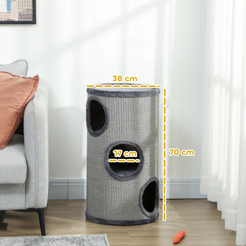 PawHut Drapak dla kota, Wysokość 70 cm, Drapak dla Kotów z 3 Poziomami, Drapak dla Kotów z 3 Legowiskami, Drapak dla Kotów z Sizalem, Meble dla Kota, Plusz, Szary