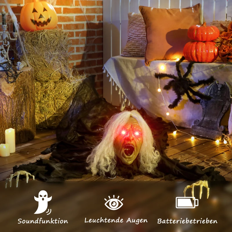 Dekoracja na Halloween Outsunny 183cm Zombie-Staruszka z LED, Funkcją Dźwiękową, Dekoracja Drzwi, Wodoodporna Figura Ogrodowa w Naturalnej Wielkości na Imprezę