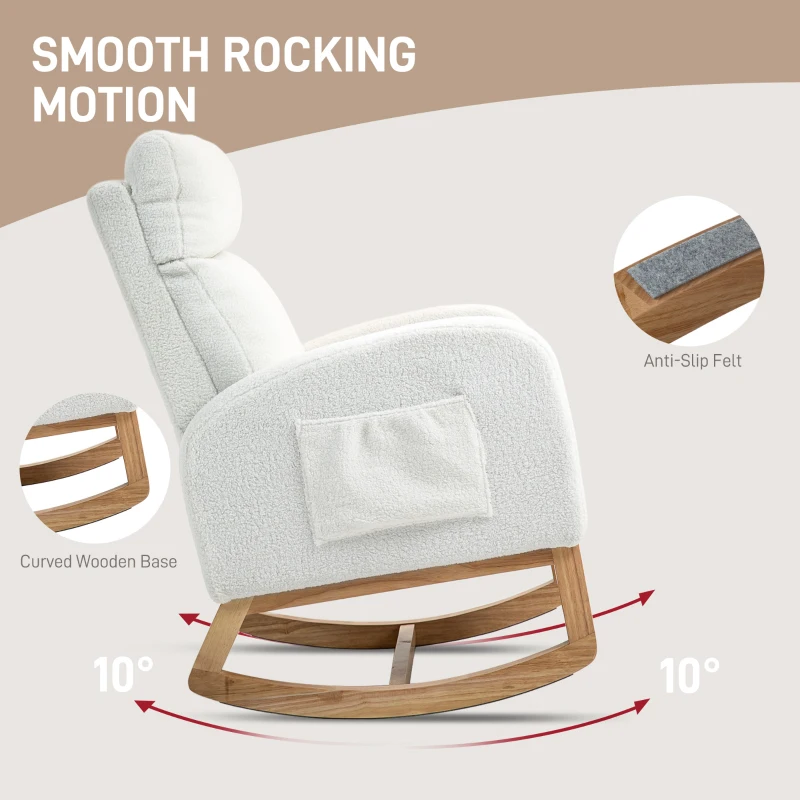 HOMCOM Fotel bujany, fotel z podłokietnikami, fotel do karmienia z wyglądem aksamitu, fotel bujany do 120 kg, do sypialni, salonu, kremowy