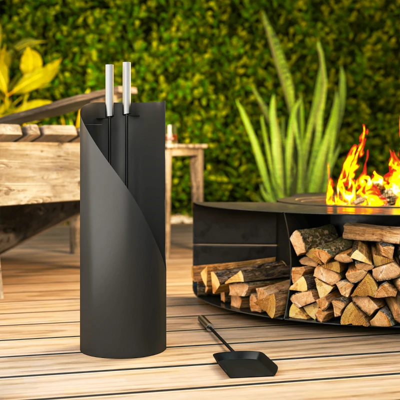 Zestaw do kominka Outsunny 4-elementowy, akcesoria kominkowe z miotłą, szuflą, pogrzebaczem i koszem, zestaw narzędzi kominkowych, metal, czarny