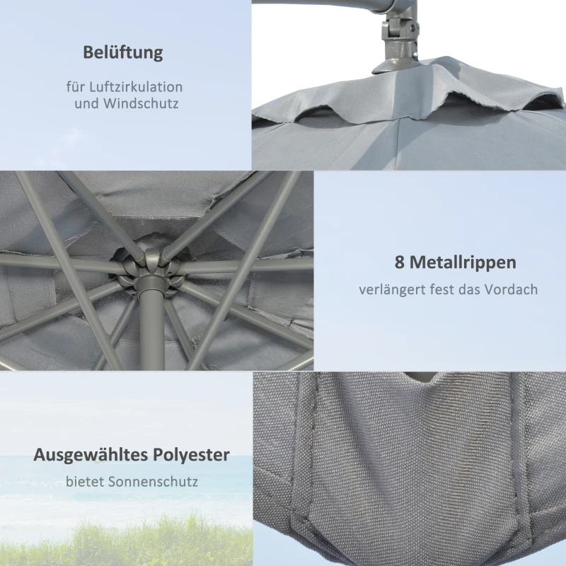 Outsunny Parasol, Ø2,92 m - Parasol słoneczny z ręczną korbową, waga, pokrowiec na parasol, podstawa krzyżowa, parasol rynkowy na balkon, stal, Oxford w kolorze ciemnoszarym