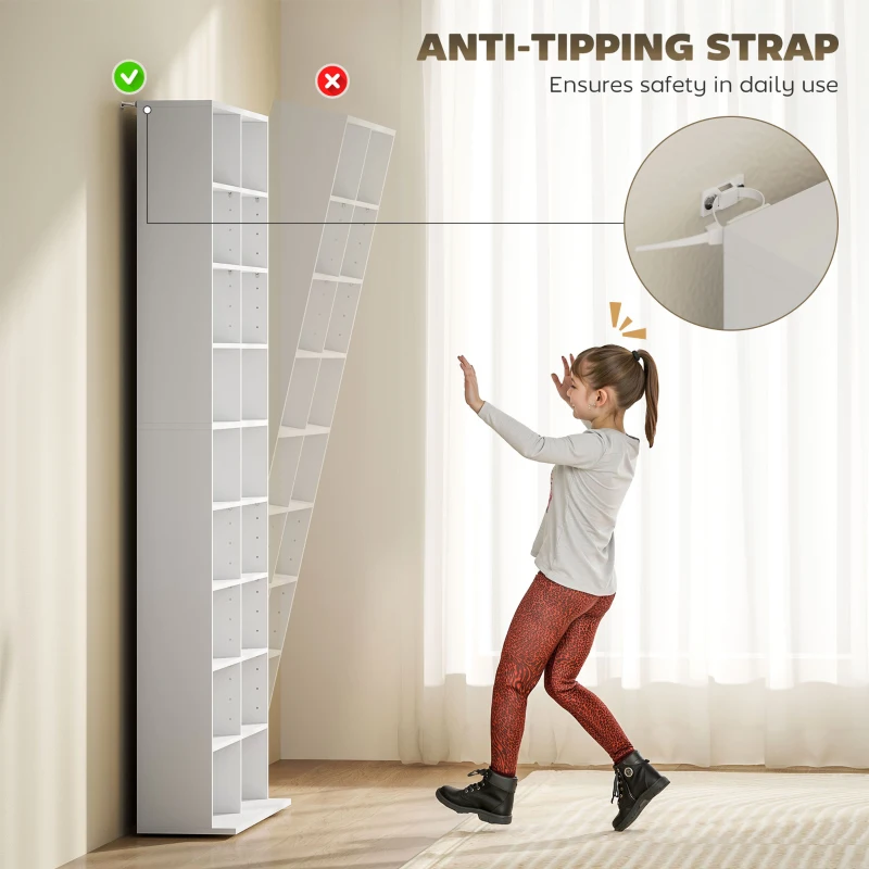 HOMCOM 640 CD/360 DVD Storage Unit, 430 Blu-ray Media Storage Shelf with 18 Compartments and 14 Adjustable Shelves, 175 cm Tall CD Tower Bookshelf Bookcase for Living Room, Office, White