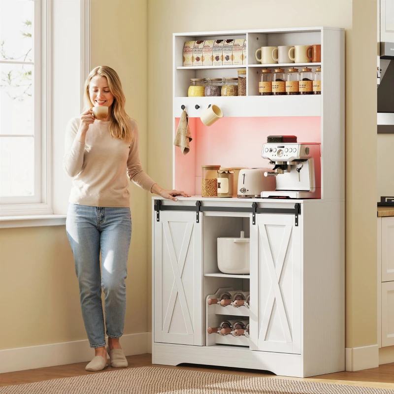 HOMCOM Credenza de Cozinha com Tomadas Elétricas Luz LED Porta-garrafas e Portas Deslizantes 100x38x180 cm Branco