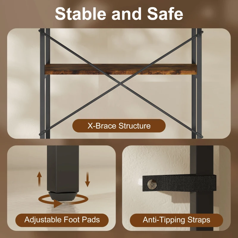 Regał HOMCOM, Regał stojący z 5 poziomami, Przemysłowy regał biurowy z metalową ramą, Otwarty regał na przechowywanie dla salonu, biura, gabinetu, 60x30x170,5 cm, Rustykalny brąz