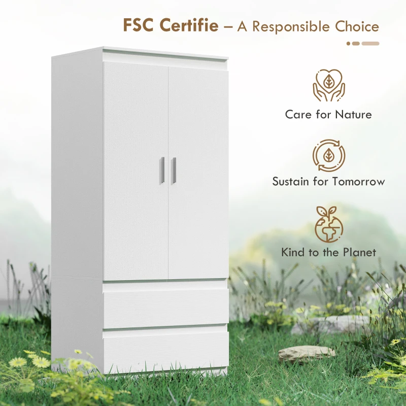 Szafa HOMCOM z 2 drzwiami Soft-Close, 2 szufladami, drążkiem na ubrania i 3 półkami, biała 80 x 55 x 177,5 cm