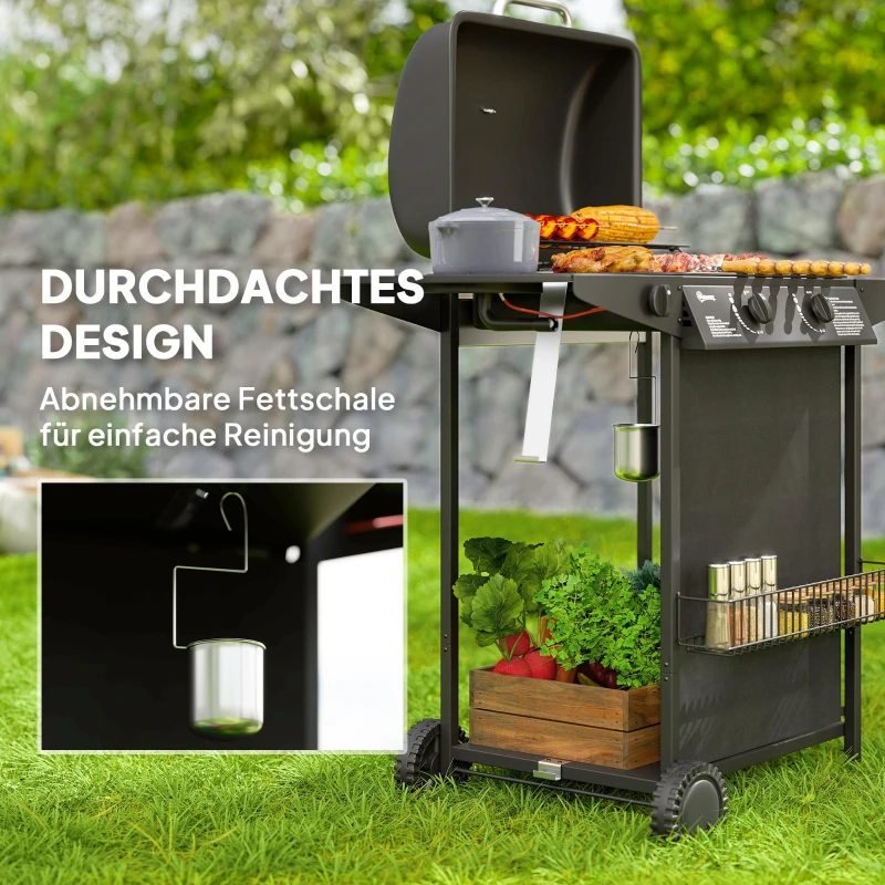 Grill gazowy 7 kW, 3 palniki, boczny palnik, kółka, pokrywa