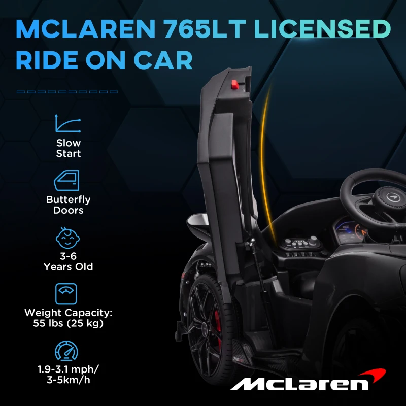 AIYAPLAY McLaren 765LT Licensed Kids Electric Ride on Car with Butterfly Doors, 12V Battery Powered Toy Car with Remote Control, Training Wheels, LED Lights MP3 Music Horn, for 3-6 Years - Black