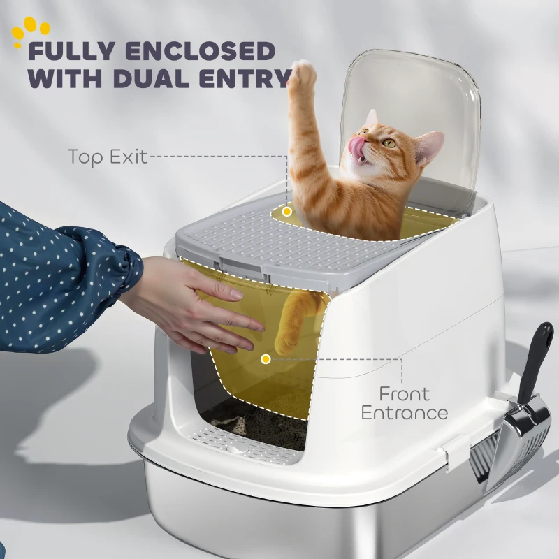 PawHut Stainless Steel Litter Box with Lid, Large Hooded Cat Litter Tray with Front-Entry and Top-Exit, Scoop, Deodoriser Bag, Non-Sticky, Odour Control and Easy Clean, White