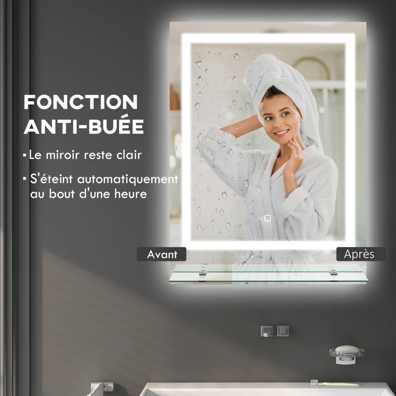 kleankin Miroir rectangulaire mural lumineux LED de salle de bain 70 x 50 cm