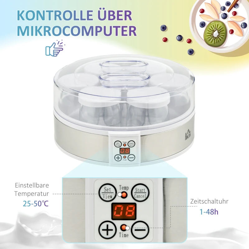 Jogurtownica HOMCOM z 48-godzinnym timerem i regulacją temperatury, 7 szklanych słoików po 180 ml, automatyczne wyłączanie, 20W, Biały