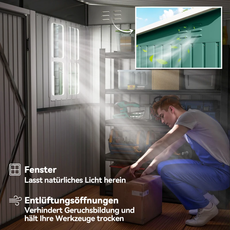 Outsunny Metallschuppen zur Aufbewahrung von Gartengeräten, mit Fenster, breite Tür, 260 x 177 x 190 cm, Grün