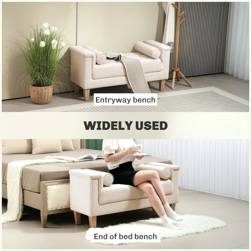 HOMCOM End of Bed Bench, Chenille Upholstered Bench with 2 Cylinder Pillows and Solid Wood Frame, Button Tufted Bedroom Bench for Hallway, Living Room, Beige