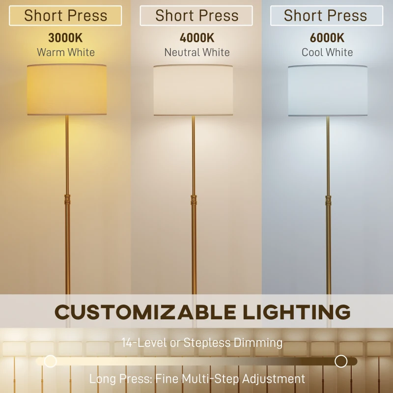 HOMCOM Lampa podłogowa do salonu, regulowana, z abażurem z lnu, tryby sceniczne, E27, regulowana wysokość, z timerem, 3 temperatury barwowe, przełącznik nożny, pilot, lampa stojąca do sypialni, biura