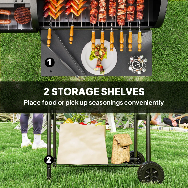 Grill węglowy ze stali, smoker z pokrywą, termometr, kółka