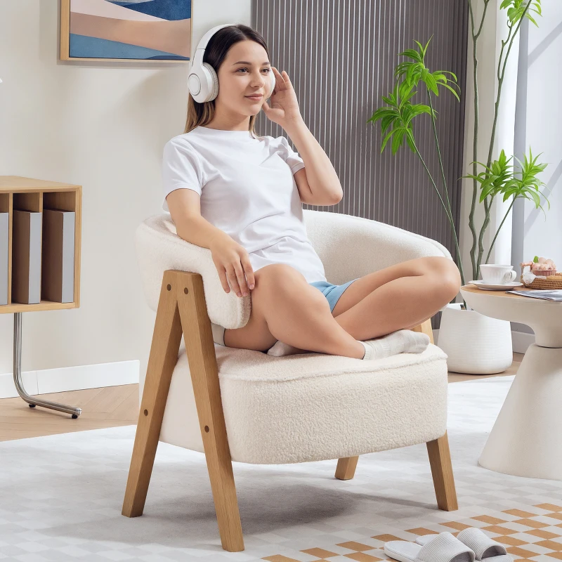 HOMCOM Modern Tub Chair, Sherpa Fleece Accent Chair, Upholstered Armchair with Solid Wood Legs and Steel Frame for Living Room Bedroom, White