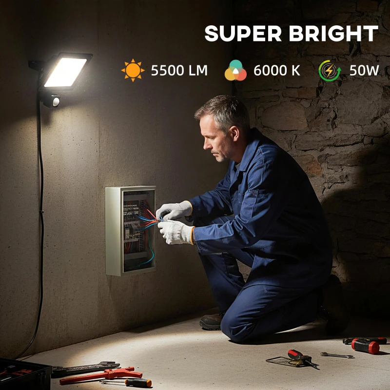 Zestaw 2 sztuk lamp roboczych HOMCOM 50W 5500LM 6000K IP65 Obrotowa, regulowana z 3 trybami światła, przenośna dla garażu, warsztatu, budowy