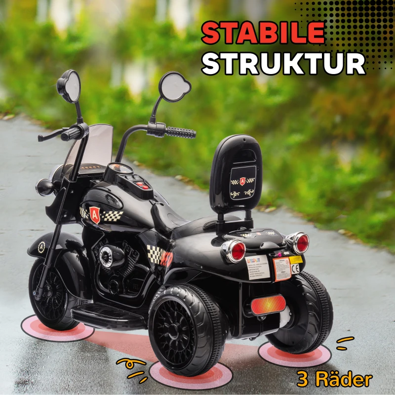 AIYAPLAY Electric Motorcycle for Kids, 3 Wheels 6V Battery Powered Motorbike Ride on Motorcycle with Headlights, Music, Reverse Forward, for Boys and Girls Aged 3-6 Years, Black