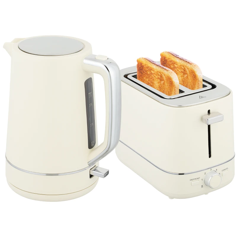 HOMCOM Zestaw Czajnik Toster 2200 W 1,7L Czajnik, Toster na 2 kromki, 6 stopni opiekania, Podgrzewanie i Rozmrażanie, Zestaw śniadaniowy z filtrem kalkowym i tacką na okruchy, Beżowy