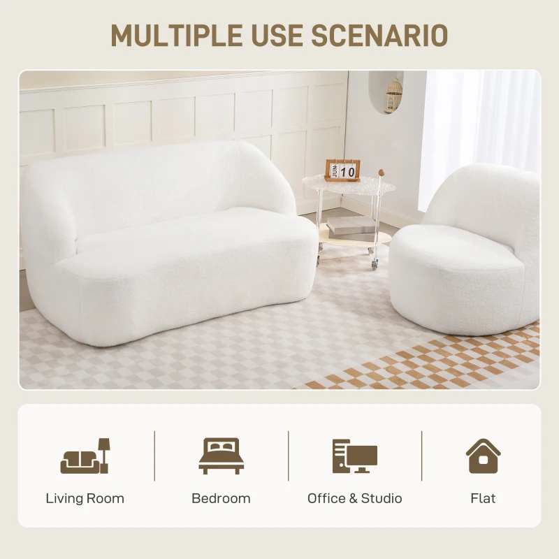HOMCOM Modern 2 Seater Sofa, 142cm Loveseat with Curved Design, Upholstered Sherpa Fleece Small Sofa for Living Room, Bedroom, Home Office, No Assembly Required, Cream White