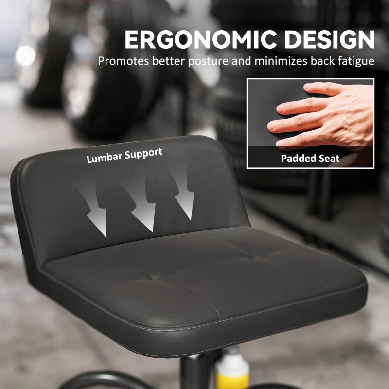 HOMCOM Hoker Warsztatowy na Kółkach z Półką i Wsparciem Lędźwiowym, Regulowany Hoker Roboczy do 135 kg, Czarny