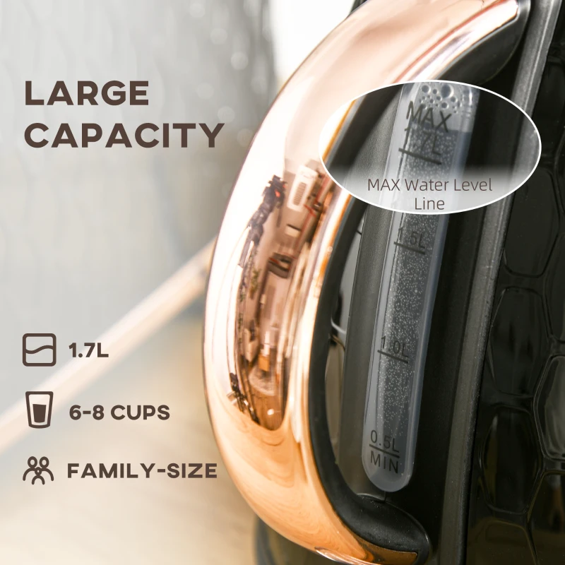 Czajnik HOMCOM ze Stali 1,7L Bez BPA, Elektryczny 2200W z Obrotową Podstawą 360°, Filtr Kalkowy, Wskaźnik Poziomu Wody, Automatyczne Wyłączanie i Ochrona przed Pracą na Sucho, Czarny