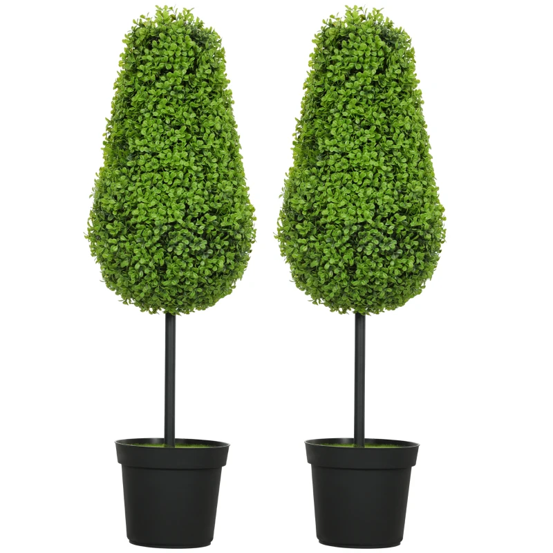 HOMCOM Set of 2 Decorative Artificial Plants, 90cm UV Resistant Faux Teardrop-Shaped Plant with Plastic Pot and Flocking, Fake Trees for Indoor Outdoor Decor, Green