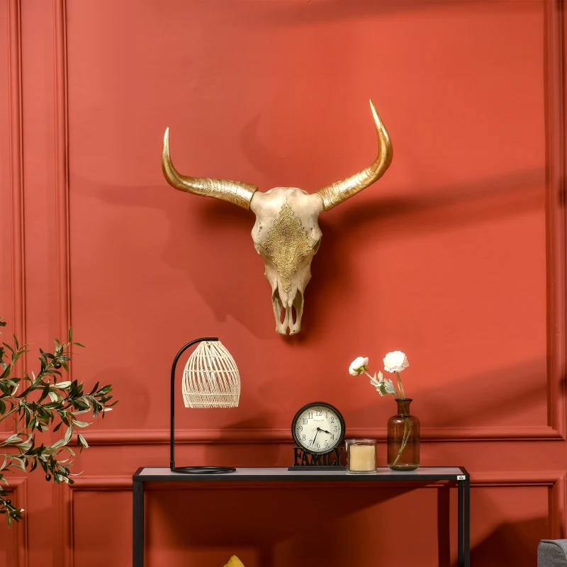 HOMCOM Dekoracja Ścienna Czaszka Byka z Tworzywa Sztucznego Dekoracja Stołowa Byk Czaszka Głowa Byka Czaszka Styl Modernistyczny do Sypialni Salonu z Liśćmi Złota 70 x 17 x 83 cm