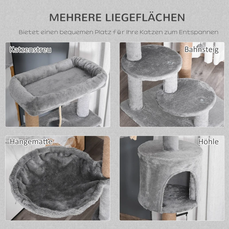 PawHut Katzenbaum Drapak 120 cm z Koszem, Schowkiem dla Kota, Kulą do Zabawy, Wieżą do Skakania w Pomieszczeniu z Łóżkiem, Słupkiem z Juty, Meblem Do Zadania dla Kotów do 5 kg, Jasnoszary