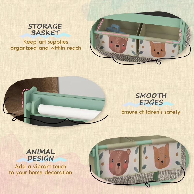 AIYAPLAY Tablica dla dzieci, 3 w 1, dwustronna easel dla dzieci, tablica do gry i nauki, Whiteboard & Tablica kredowa, z rolką papieru, 2 skrzynki na akcesoria, Design ze zwierzętami