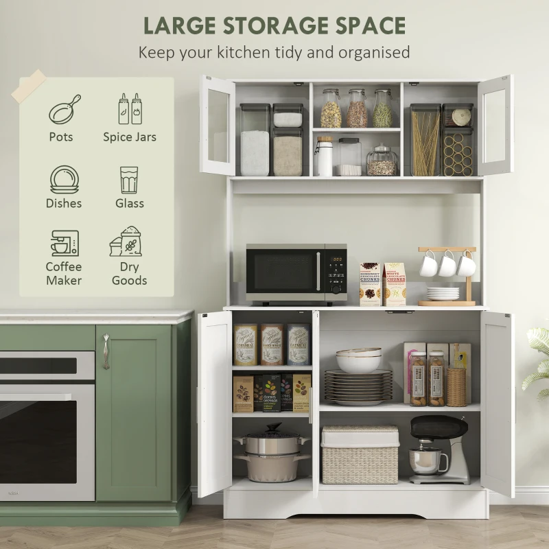 HOMCOM Kitchen Cupboard, Scandinavian Freestanding Kitchen Storage Cabinet with Adjustable Shelves, Tempered Glass Doors and Open Countertop for Dining Room, White