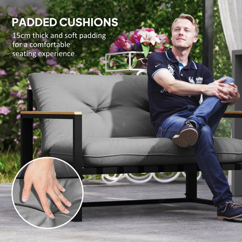 Outsunny Garden Furniture Set, 4 Piece Indoor Outdoor Conservatory with Loveseat Sofa, Armchairs, Metal Top Coffee Table, Cushions for Balcony, Poolside, Patio, Light Grey