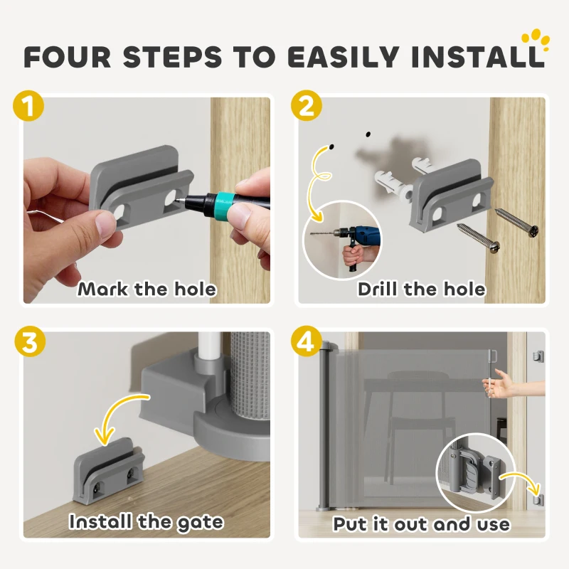PawHut Retractable Dog Gate, 0-136 cm Mesh Stair Gate, Safety Gate for Small Dogs, Doorways, Hallways, Stairways, Indoor, Outdoor, Grey